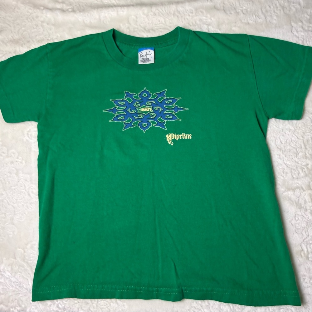 Pacifica Green Short Sleeve Tee with Blue Graphic and Yellow Logo - Picture 2 of 6